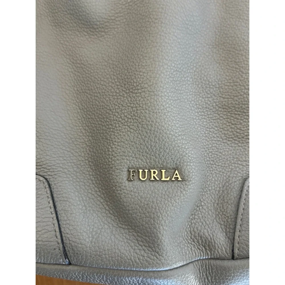 Furla Taupe Pebbled Leather Hobo Shoulder Bag Gold Hardware Large